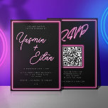 Neon Lights Hot Pink Black QR Code Wedding Kaart<br><div class="desc">Maak je bruiloft prachtig met deze coole uitnodigingen van JessicaAmber. Deze kaart is voorzien van hete roze neon script voor de namen van het echtpaar. Moderne witte letters leggen de details van de bruiloft uit, inclusief de locatie, datum en tijd. Op de achterkant staat een QR-code die kan linken naar...</div>