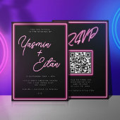 Neon Lights Hot Pink Black QR Code Wedding Kaart