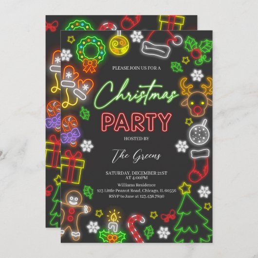 Neon Lights Kerstfeest Kaart (Voorkant / Achterkant)