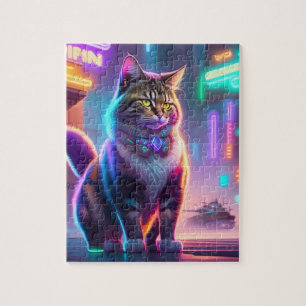 Neon Lights Kleurrijke Futuristische Cyberpunk Kat Legpuzzel