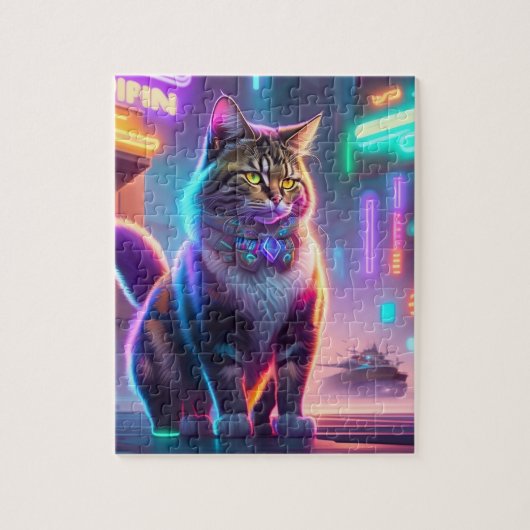Neon Lights Kleurrijke Futuristische Cyberpunk Kat Legpuzzel (Verticaal)