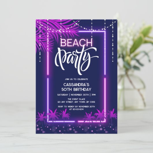 Neon Lights Palm Beach Nacht Party Verjaardag Kaart (Staand voorkant)