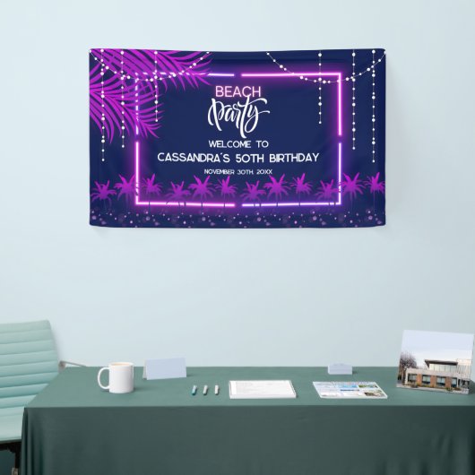 Neon Lights Palm Beach Nacht Party Verjaardag Spandoek (Beurs)