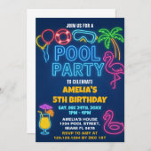Neon Lights Pool Verjaardag Uitnodiging (Voorkant / Achterkant)