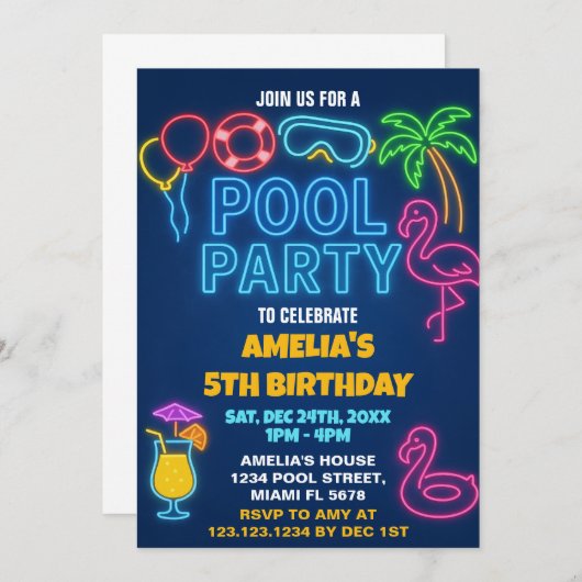 Neon Lights Pool Verjaardag Uitnodiging (Voorkant / Achterkant)
