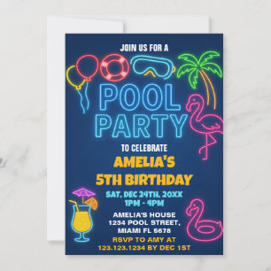 Neon Lights Pool Verjaardag Uitnodiging