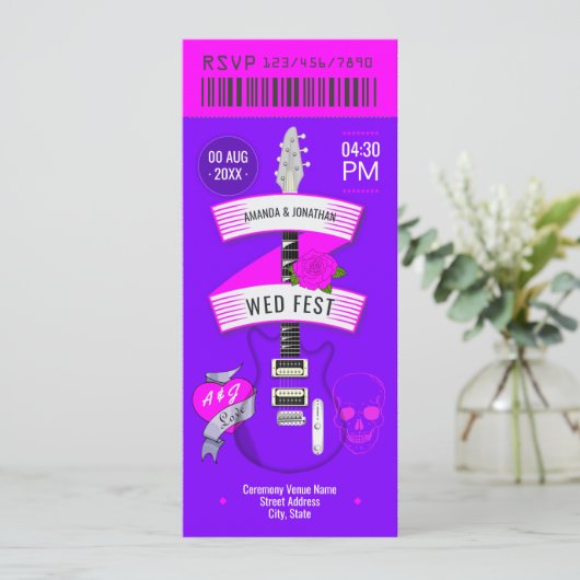 Neon Lights Rock ’n’ Roll Wedding Ticket Kaart (Staand voorkant)