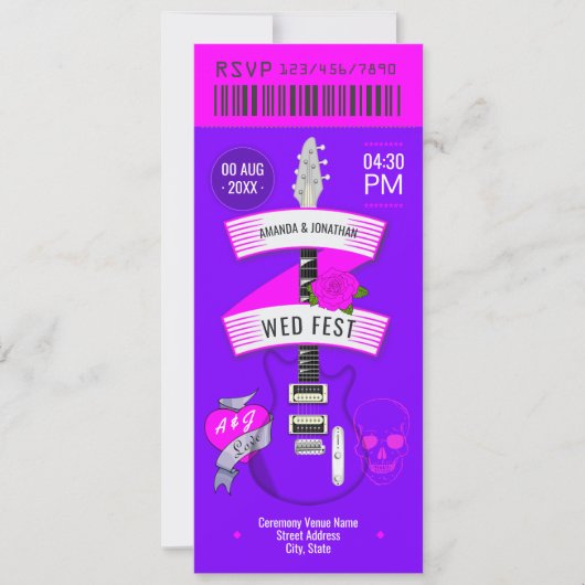 Neon Lights Rock ’n’ Roll Wedding Ticket Kaart (Voorkant)