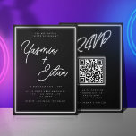 Neon Lights Zwart Wit Script Eenvoudige bruiloft Kaart<br><div class="desc">Maak je bruiloft prachtig met deze coole uitnodigingen van JessicaAmber. Deze kaart bevat een wit neonscript voor de namen van het getrouwde paar. Moderne witte letters leggen de details van de bruiloft uit, inclusief de locatie, datum en tijd. Op de achterkant staat een QR-code die kan linken naar je trouwwebsite,...</div>