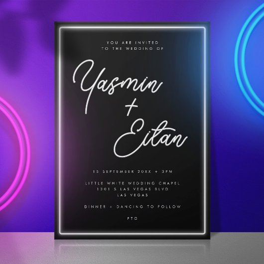Neon Lights Zwart Wit Script Eenvoudige bruiloft Kaart