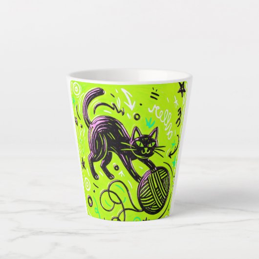 Neon Lime Zwarte Kat Latte Mok (Voorkant)