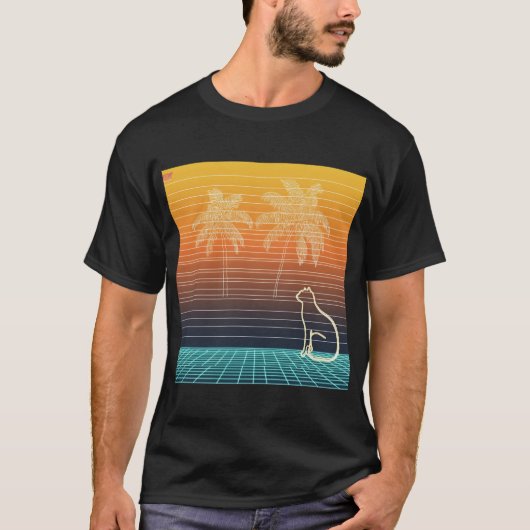 Neon Line Art Cat & Palms T-shirt (Voorkant)