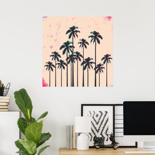Neon Lined Black Palm Trees on Peach Horizon Poster (Thuiskantoor)