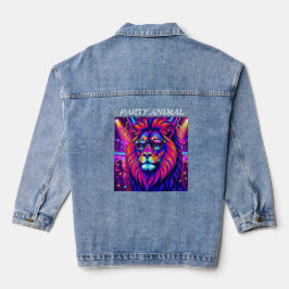Neon Lion Party Animal – Colourful Retro Graphic Denim Jacket
