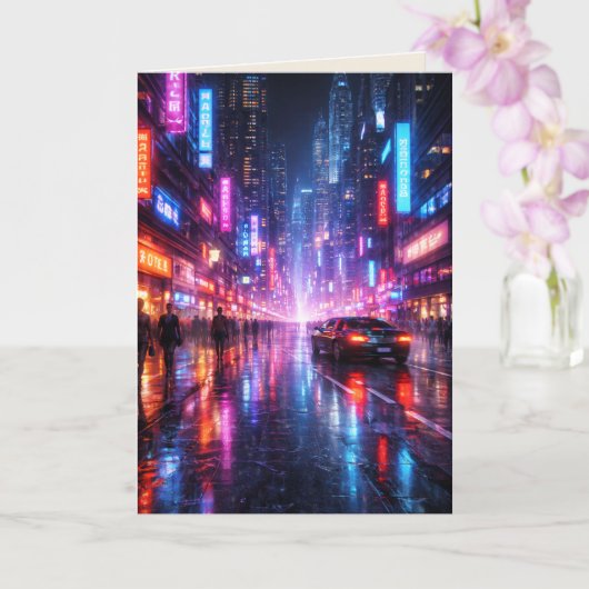 Neon-Lit Cyber Punk City at Night Blank Art Card Kaart (Orchidee)