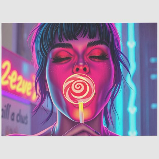Neon Lollipop Pop Art – Cyberpunk Candy Girl Tissuepapier (Voorkant)