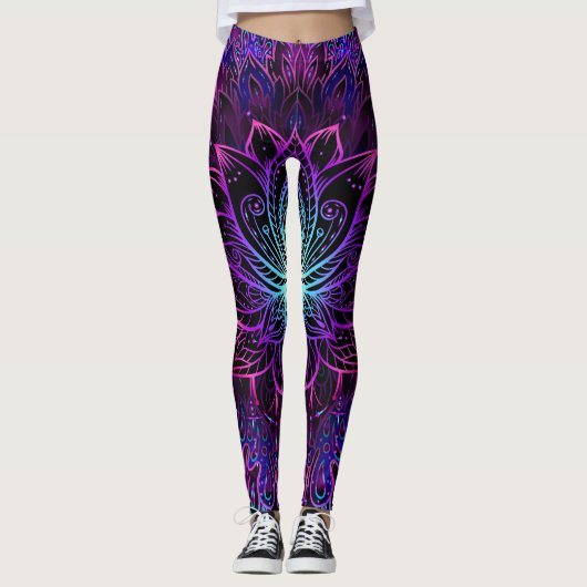 Neon Lotus Bloem Boho Print Leggings (Voorkant)