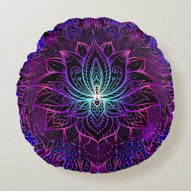 Neon Lotus Bloem Boho Print Rond Kussen (Voorkant)