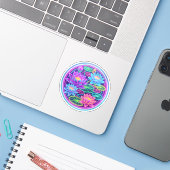 Neon Lotus Bloem Waterlelie Rond Sticker (Laptop met iPhone)