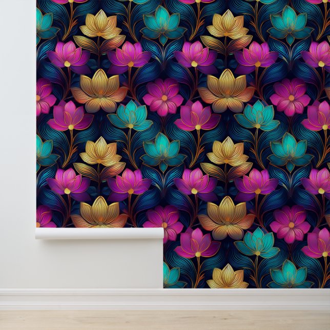 Neon Lotus Flowers Roze Blauwgroen Goud Bloemen Ab Behang (Applicatie)