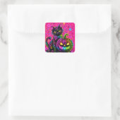 Neon Luipaard Halloween Kat & Pompoen Feest Vierkante Sticker (Tas)