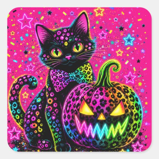 Neon Luipaard Halloween Kat & Pompoen Feest Vierkante Sticker (Voorkant)