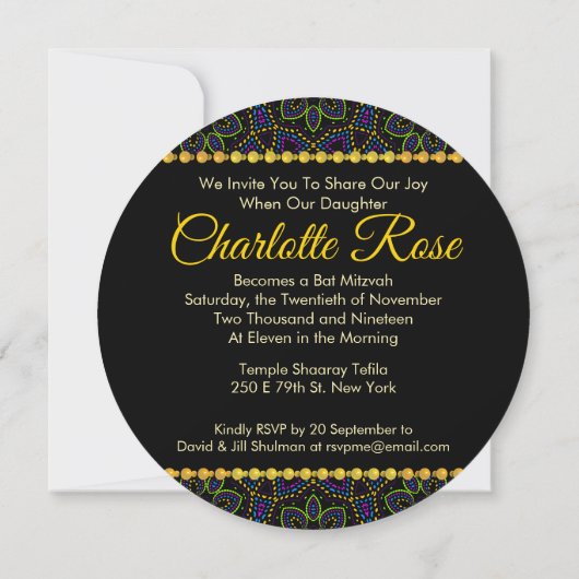 Neon Mandala Groovy Bat Mitzvah Round Invitation Kaart (Achterkant)