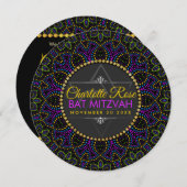 Neon Mandala Groovy Bat Mitzvah Round Invitation Kaart (Voorkant / Achterkant)