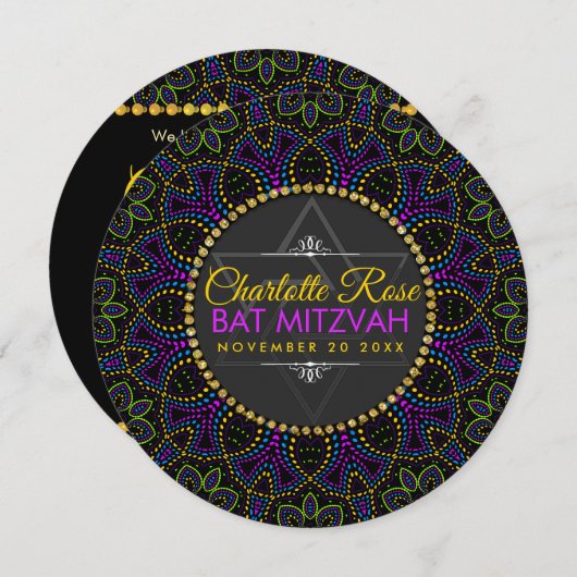 Neon Mandala Groovy Bat Mitzvah Round Invitation Kaart (Voorkant / Achterkant)