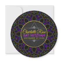 Neon Mandala Groovy Bat Mitzvah Round Invitation