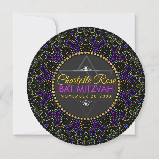 Neon Mandala Groovy Bat Mitzvah Round Invitation Kaart (Voorkant)