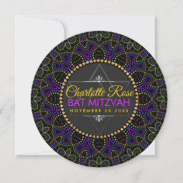 Neon Mandala Groovy Bat Mitzvah Round Invitation Kaart