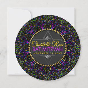 Neon Mandala Groovy Bat Mitzvah Round Invitation Kaart