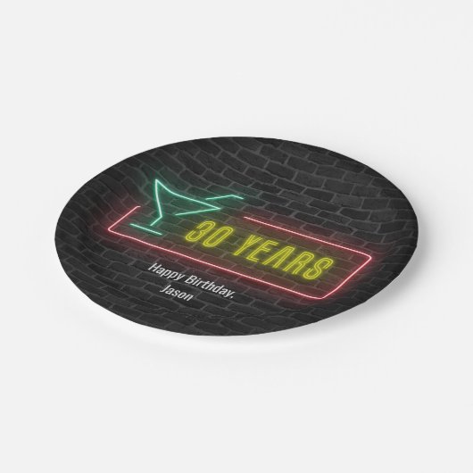 Neon marquee 30th Birthday-teken op baksteen Papieren Bordje (Gekanteld)