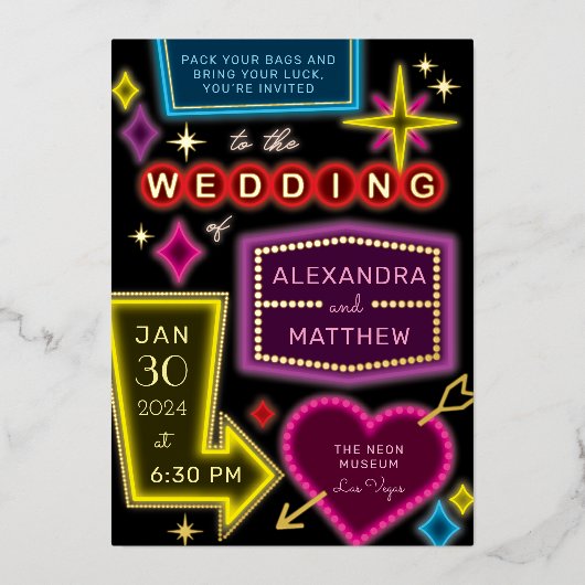 Neon Marquee Signs Las Vegas Wedding Folie Uitnodiging (Voorkant)