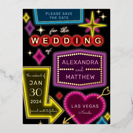 Neon Marquee tekent Las Vegas Save the Date Folie Uitnodiging Briefkaart (Voorkant)