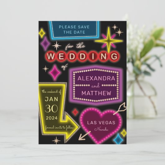Neon Marquee tekent Las Vegas Save the Date Kaart (Staand voorkant)