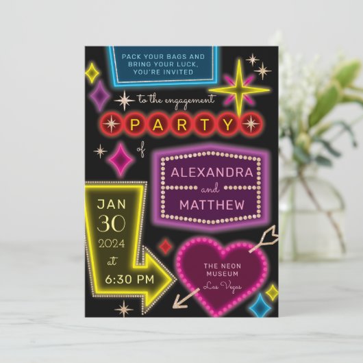 Neon Marquee tekent Las Vegas Verlovingsfeest Kaart (Staand voorkant)