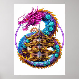 Neon Mechanische Draak Pagode Embleem Kunst Poster