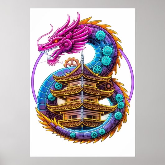Neon Mechanische Draak Pagode Embleem Kunst Poster (Voorkant)