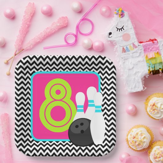 Neon Meisje Chevron Bowling Verjaardagspapier Bord (Feest)