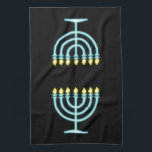 Neon Menorah Theedoek<br><div class="desc">Blauwe menorah in neontekenstijl.</div>