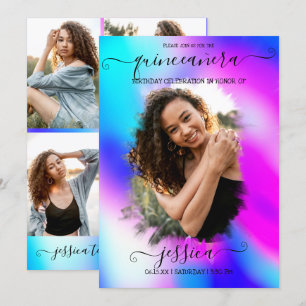 Neon Mermaid Holographic Photo Collage Quinceañera Kaart