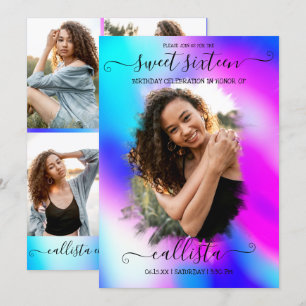 Neon Mermaid Holographic Photo Collage Sweet 16 Kaart