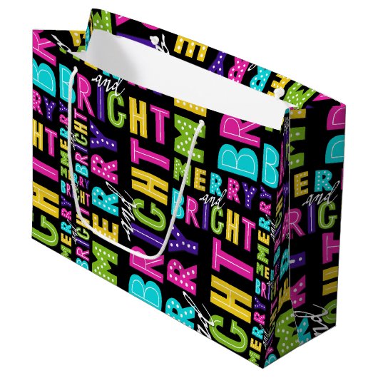 Neon Merry en Bright Large Cadeautasje (Voorkant Gekanteld)