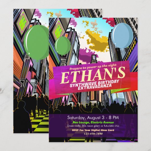 Neon Metropolis City Lights verjaardagsuitnodiging Kaart (Voorkant / Achterkant)