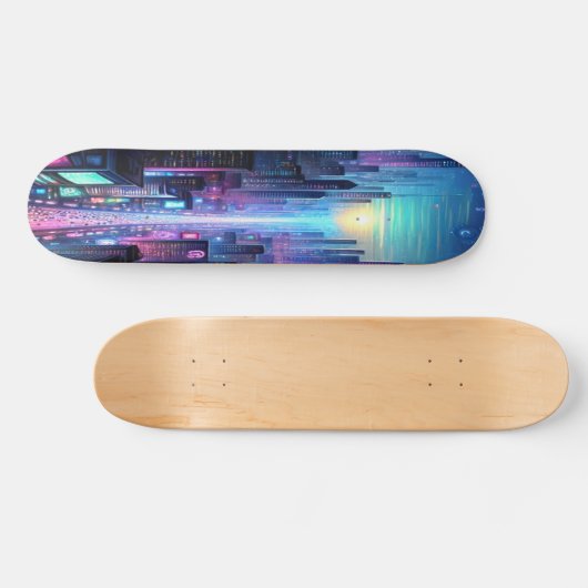 "Neon Metropolis: Cyberpunk Stad Persoonlijk Skateboard (Horizontaal)