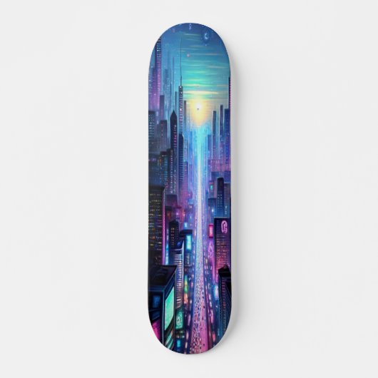 "Neon Metropolis: Cyberpunk Stad Persoonlijk Skateboard (Voorkant)