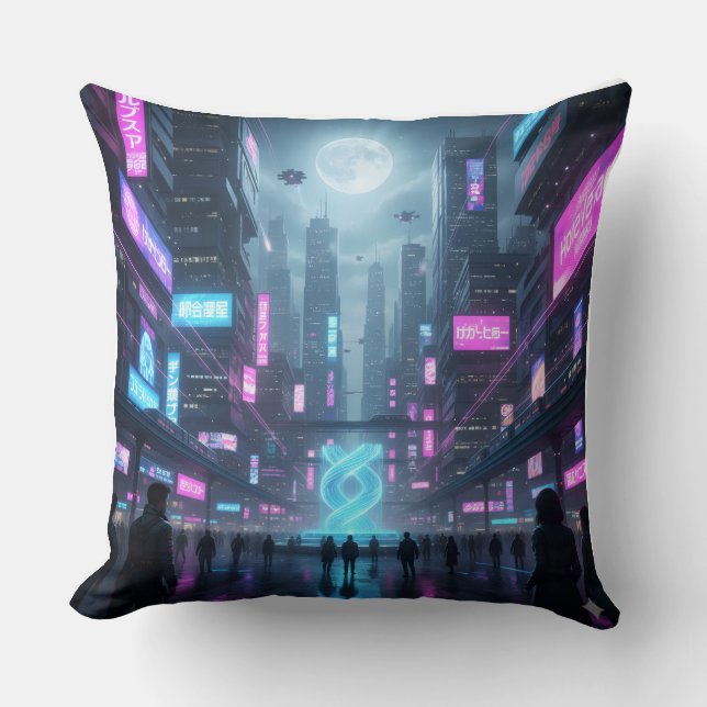 Neon Metropolis Pulse Throw Pillow Kussen (Voorkant)