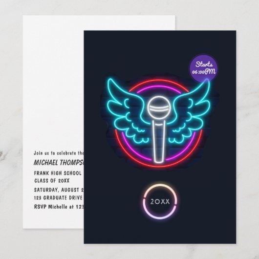 Neon Microphone Graduation Party Uitnodiging (Voorkant / Achterkant)